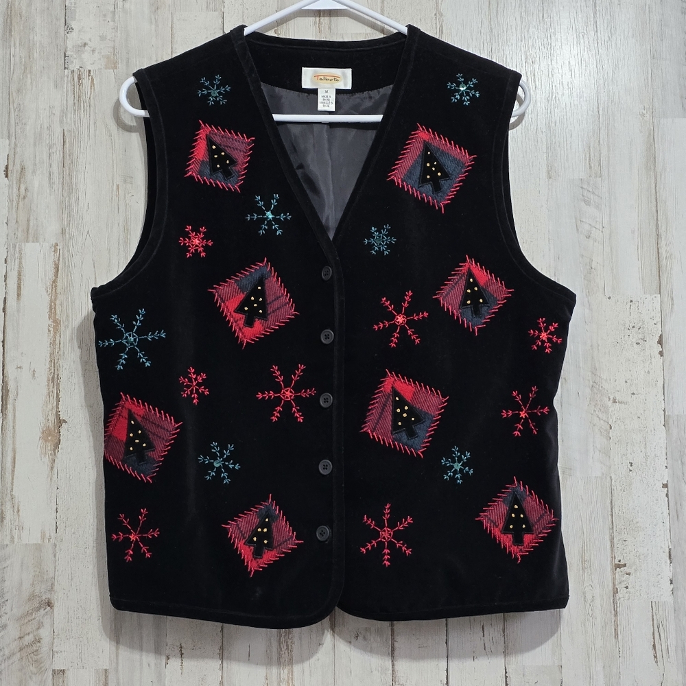 Talbots Vintage Black Red Green Embroidered Trees Velvet Christmas Vest Medium